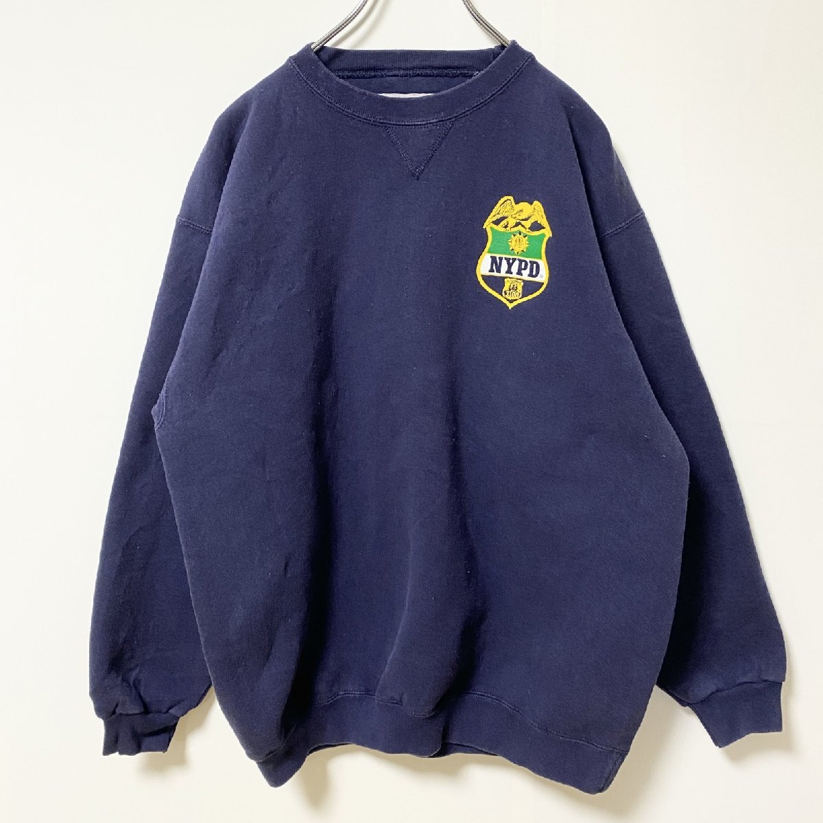 古着 used SANTEE USA製 長袖プリントスウェット トレーナー NYPD Vガゼット ネイビー Mサイズ拍卖