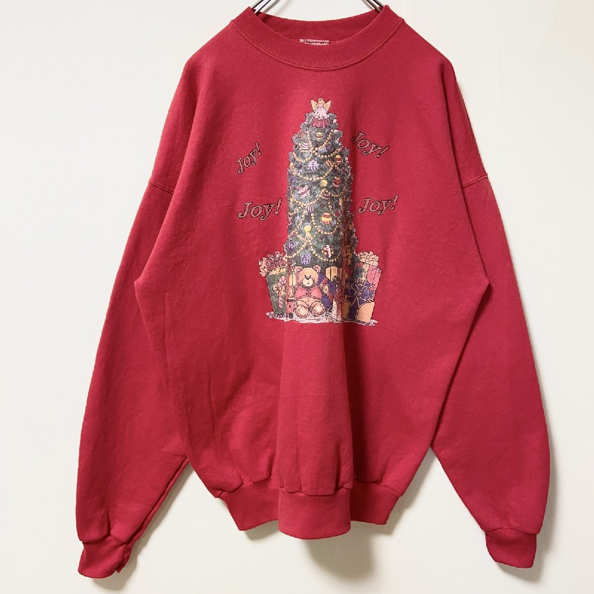 古着 used Hanes ヘインズ 長袖プリントスウェット トレーナー クリスマスツリー 熊 赤 ビッグシルエット XLサイズ拍卖