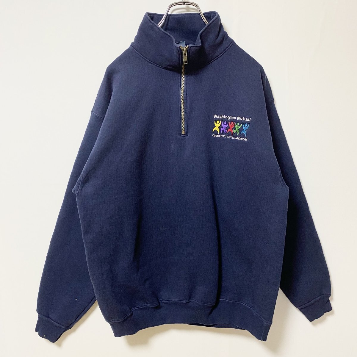 古着 used HARVARD SQUARE 長袖ハーフジップロゴ刺繍スウェット トレーナー レトロデザイン ネイビー Lサイズ拍卖