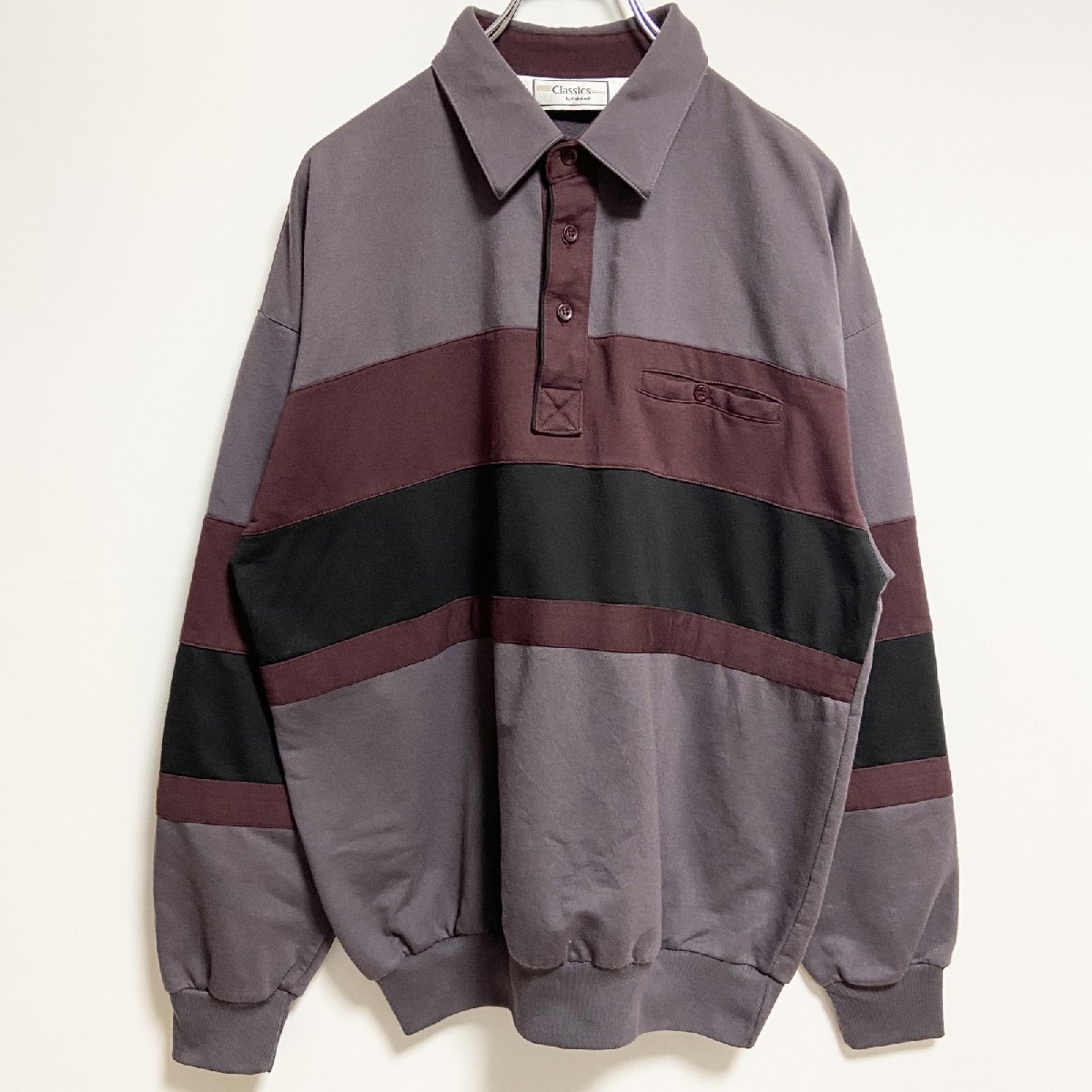 古着 used Classics 長袖ハーフボタンスウェット 襟付きトレーナー ライン マルチカラー Lサイズ拍卖