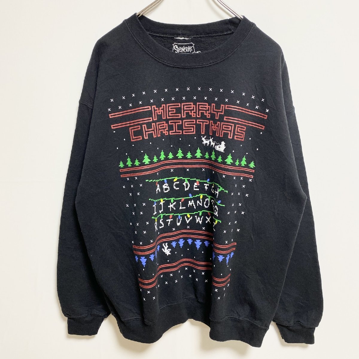 古着 used SPENCERS 長袖クルーネッククリスマス柄プリントスウェット トレーナー レトロデザイン ブラック Lサイズ拍卖