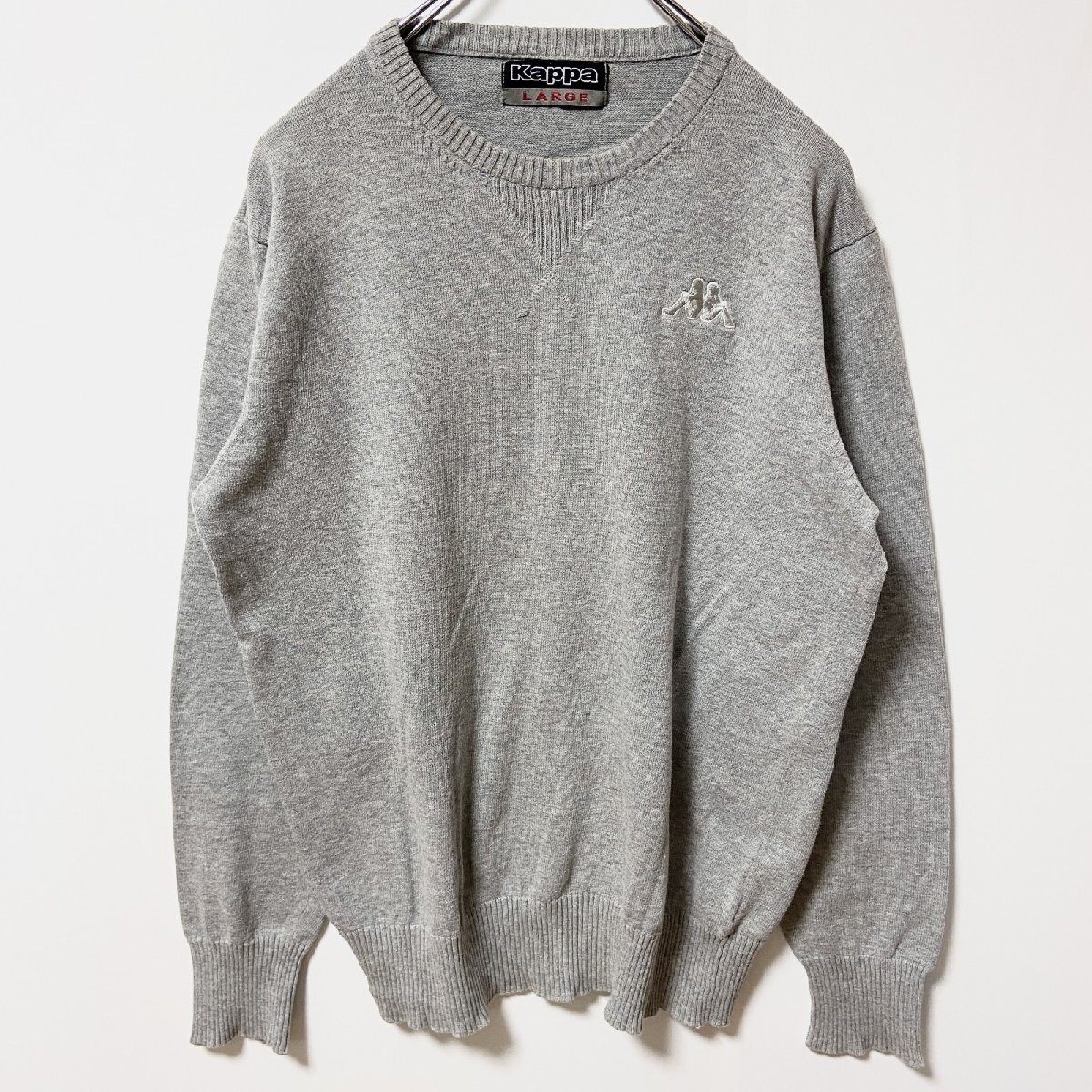 古着 used Kappa カッパ 長袖Vガゼットニット セーター ワンポイントロゴ刺繍 グレー シンプル レトロ Lサイズ拍卖