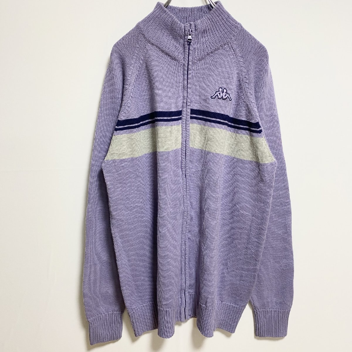 古着 used Kappa カッパ 長袖ジップアップニット セーター ワンポイント刺〓 紫 ビッグシルエット 3XLサイズ拍卖