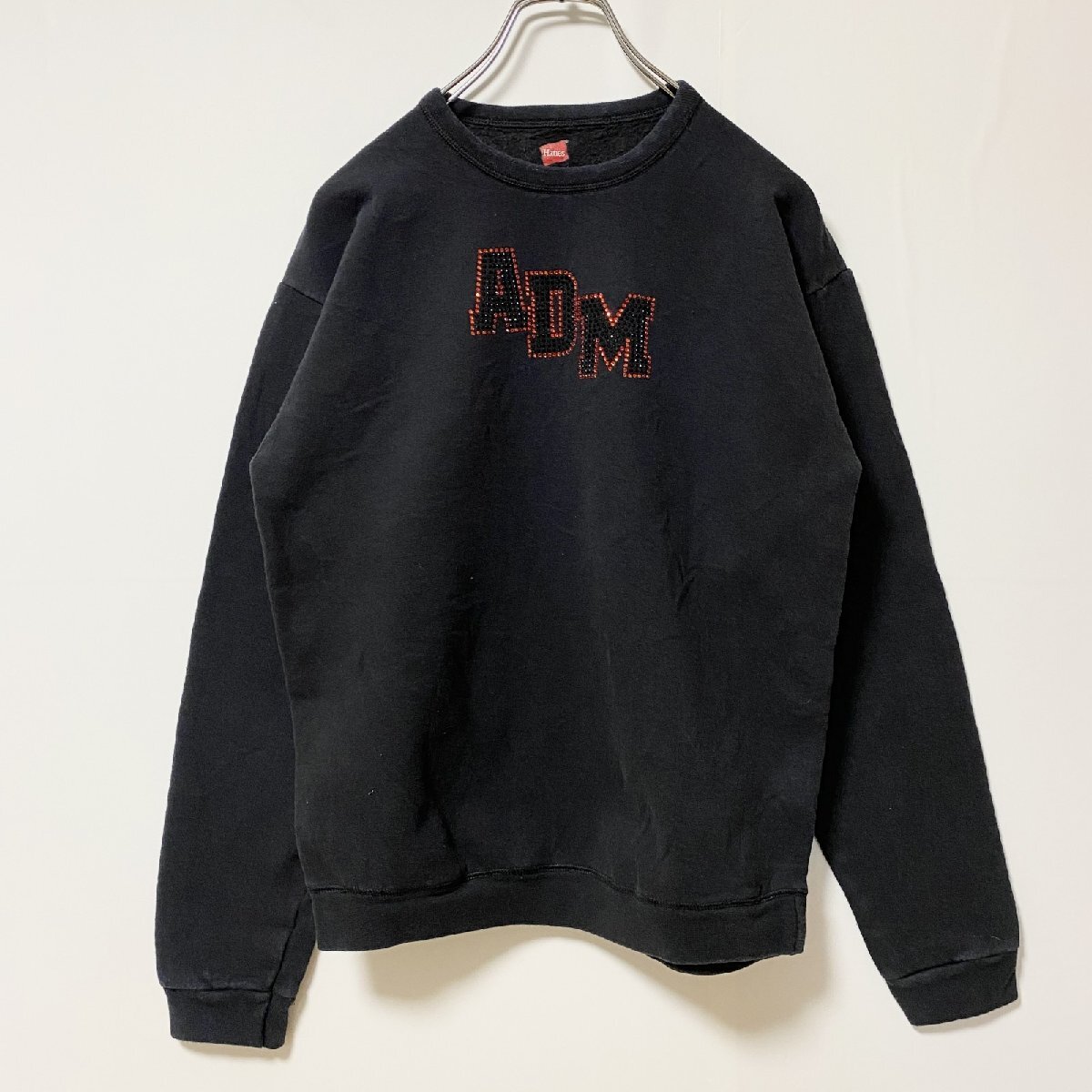 古着 used Hanes ヘインズ 長袖クルーネックラインストーンロゴスウェット トレーナー レトロデザイン ブラック Sサイズ拍卖