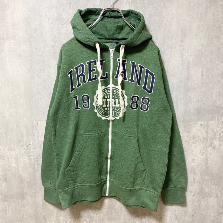 古着 used IRELAND 1988 長袖フルジップパーカー スウェット ワッペン 刺繍 緑 グリーン Sサイズ拍卖