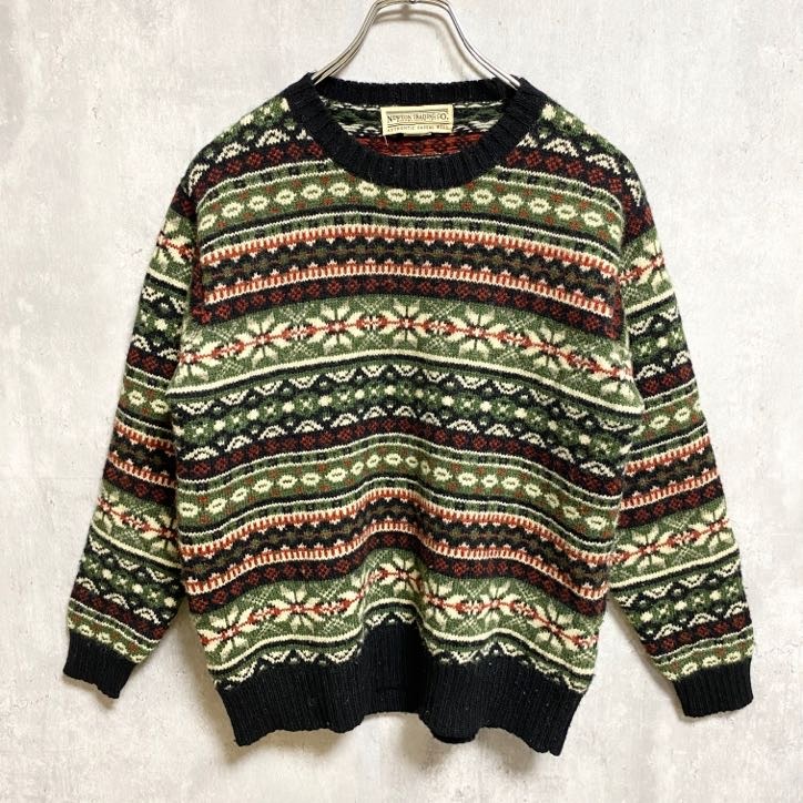 古着 used NEW TRADING CO. 長袖クルーネックニット セーター ノルディック柄 総柄 レトロデザイン Mサイズ拍卖