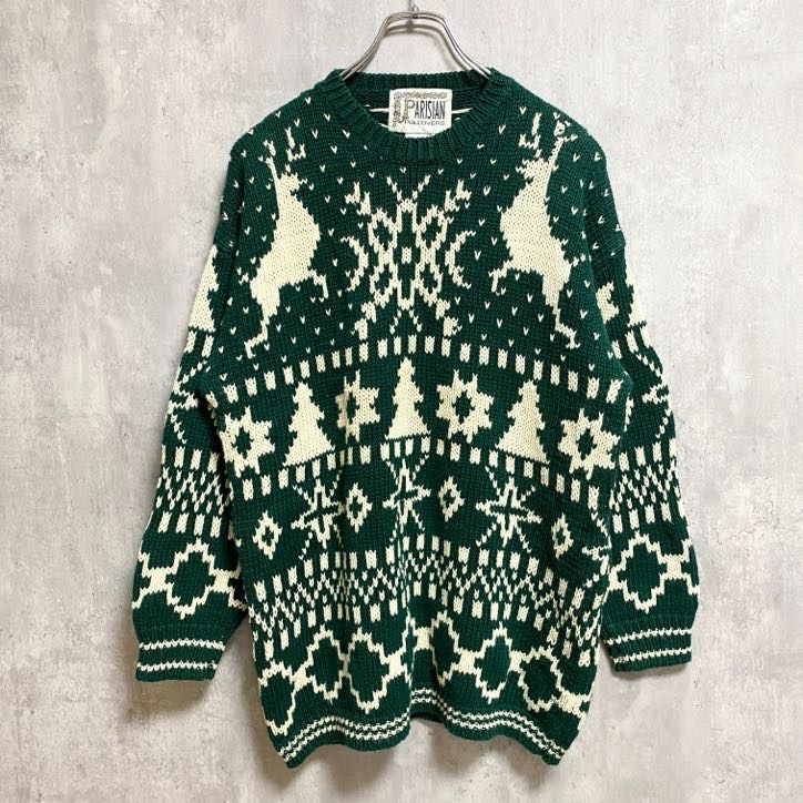 古着 used PARISIAN 長袖ノルディック柄ニット セーター トナカイ 緑 グリーン 秋冬服 オーバーサイズ XLサイズ拍卖