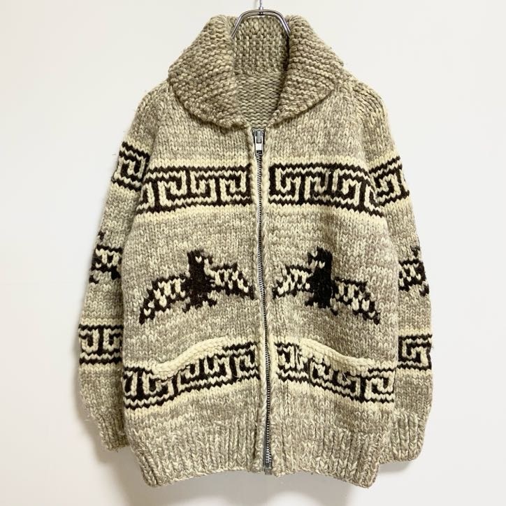 古着 used 80s 90s 長袖カウチン厚手ニット セーター フルジップ 鳥 茶色 ブラウン ヴィンテージ vintage拍卖