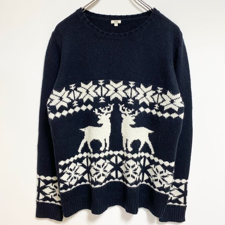 古着 used OVS 長袖デザインニット セーター ノルディック柄 トナカイ レトロ クルーネック 秋冬服 Lサイズ拍卖