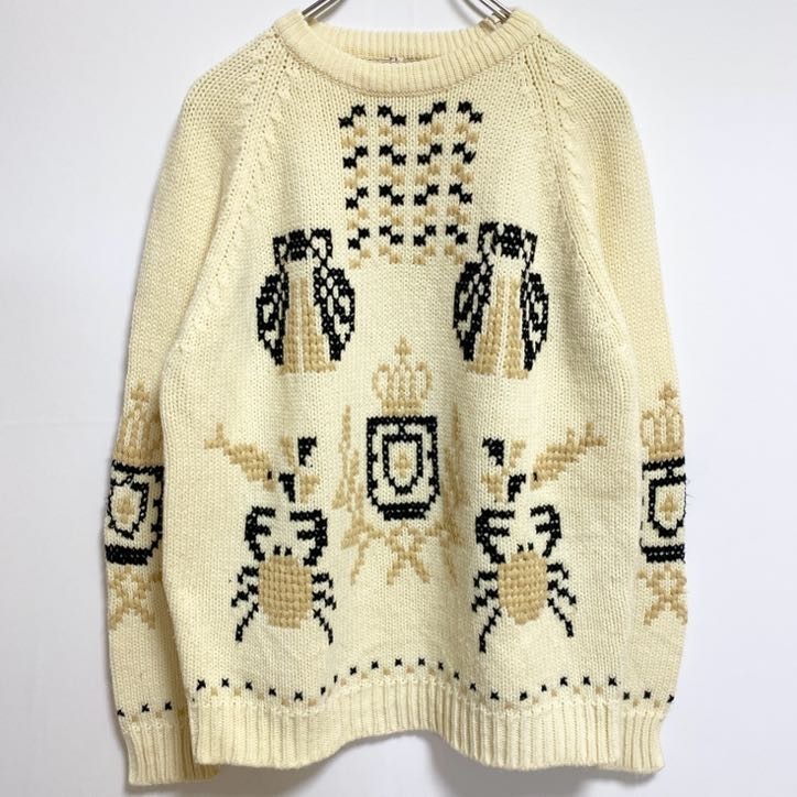 古着 used Kimlon 長袖デザインニット セーター カニ レトロデザイン アイボリー クルーネック 秋冬服 Lサイズ拍卖