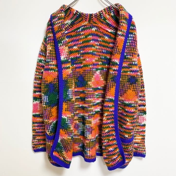 古着 used 長袖デザインカーディガン ニット セーター レインボーカラー マルチカラー ポケット レトロ 秋冬服拍卖