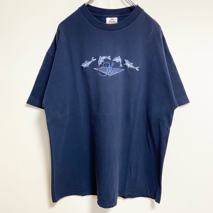 古着 used ALSTYLE 半袖イルカ刺繍Tシャツ クルーネック アニマル ドルフィン 動物 ネイビー 紺 XLサイズ拍卖