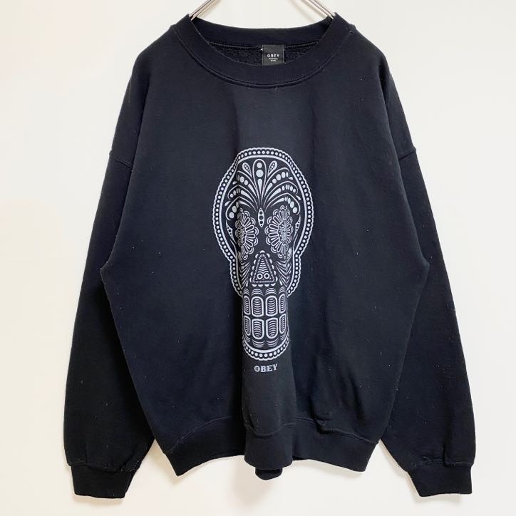 古着 used OBEY オベイ 長袖クルーネックプリントスウェット トレーナー ドクロ スカル y2k 黒 ブラック Lサイズ拍卖