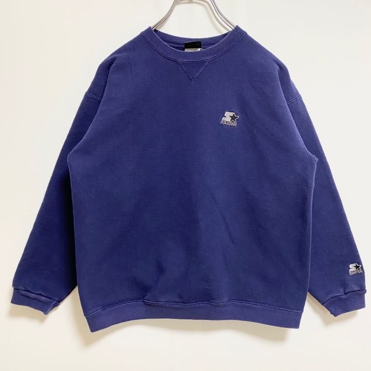 古着 used STARTER スターター 長袖ワンポイントロゴ刺繍スウェット トレーナー クルーネック シンプル ネイビー拍卖