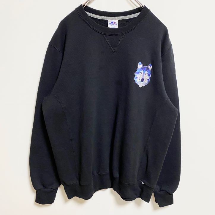 古着 used RUSSELL ATHLETIC ラッセル 長袖ワンポイントスウェット トレーナー 狼 シンプル 黒 Mサイズ拍卖