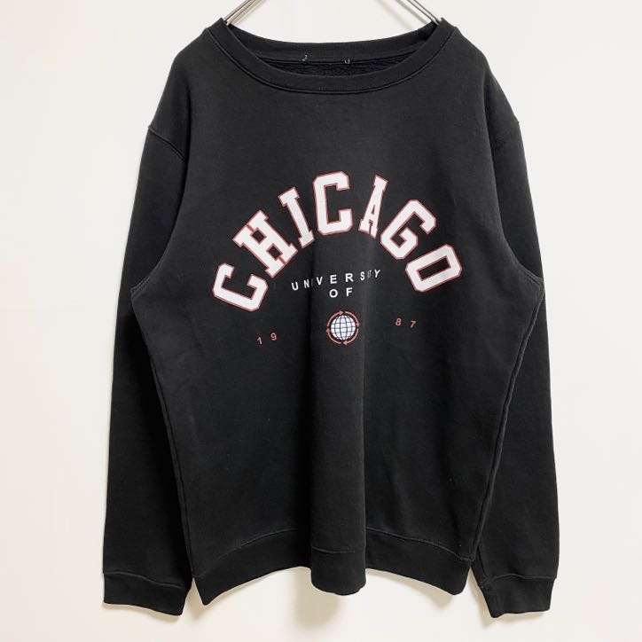 古着 used 長袖カレッジロゴプリントスウェット トレーナー クルーネック シカゴ大学 黒 ブラック レトロデザイン拍卖