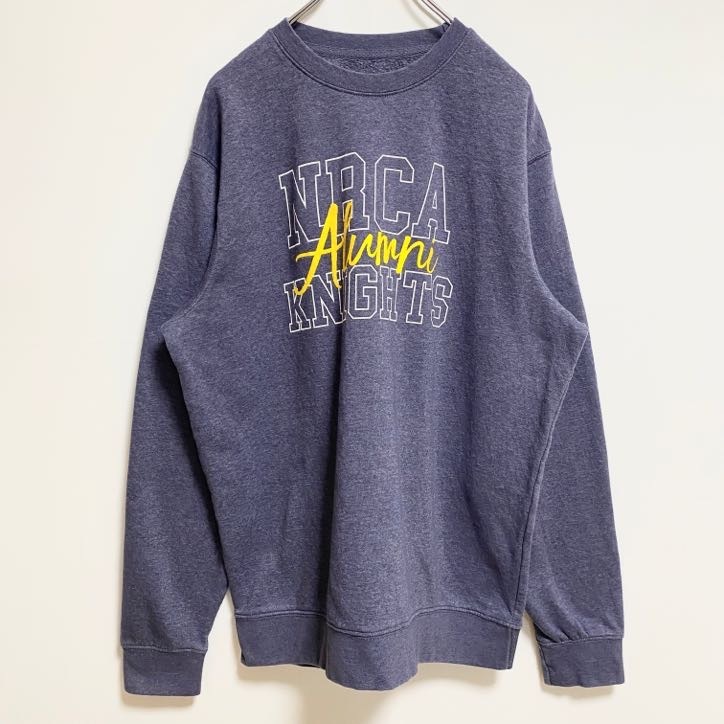 古着 used 長袖スクールプリントスウェット トレーナー クルーネック ネイビー NRCA KNIGHTS レトロデザイン拍卖