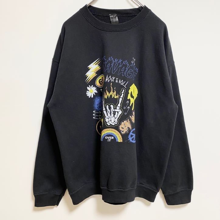 古着 used SWEETCLAIRE 長袖プリントスウェット トレーナー クルーネック スマイル 黒 ブラック 秋冬服 Mサイズ拍卖