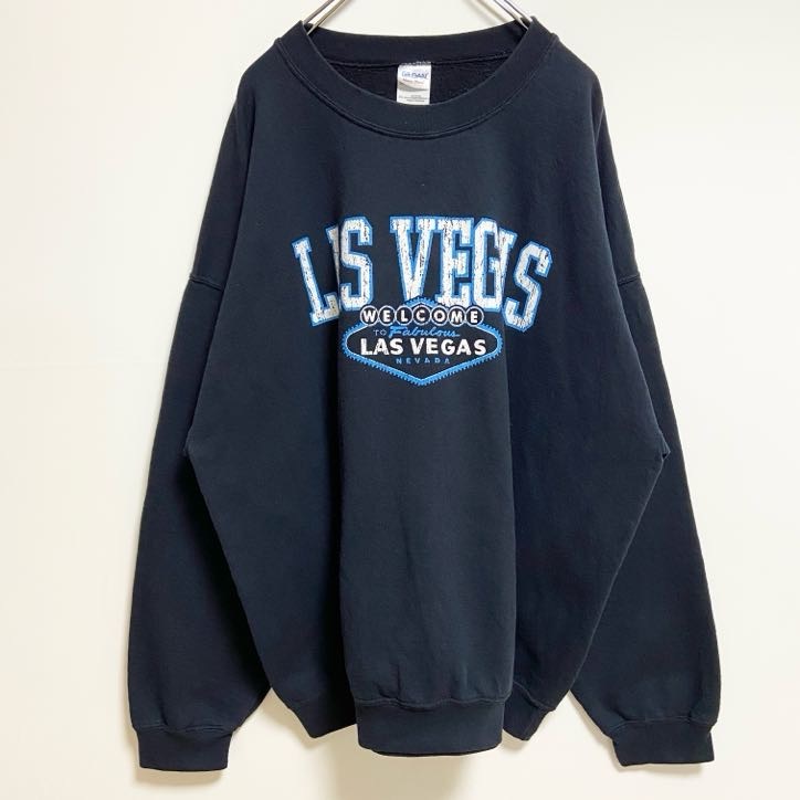 古着 used GILDAN ギルダン 長袖プリントスウェット トレーナー ラスベガス ネイビー ビッグシルエット 2XLサイズ拍卖