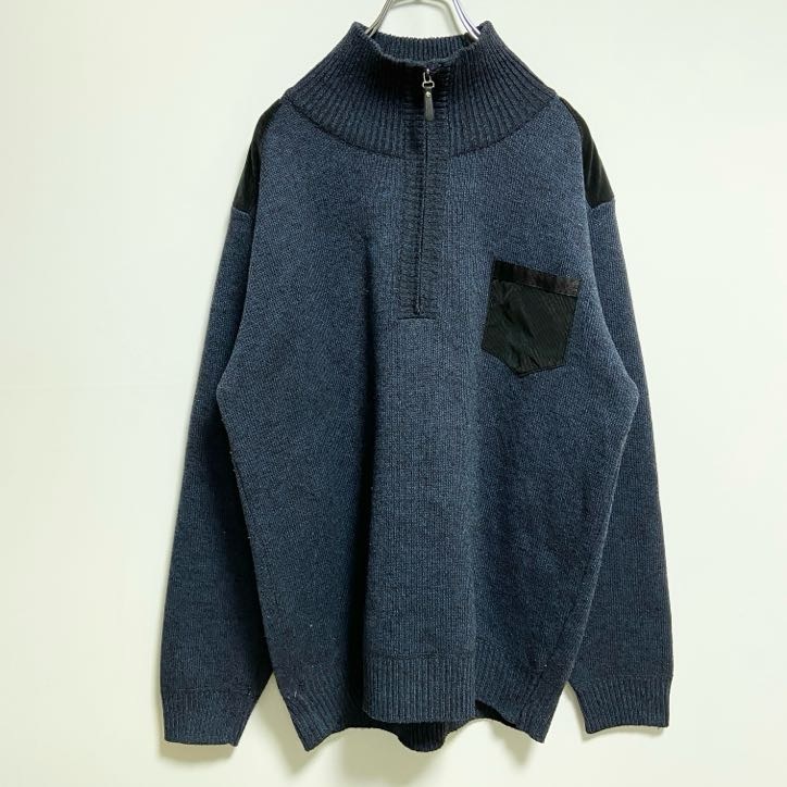 古着 used THEIMAGE 長袖ハーフジップニット セーター 胸ポケット付き ネイビー 秋冬服 ビッグシルエット XLサイズ拍卖