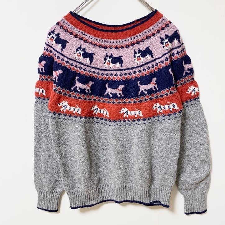 古着 used HOLIDAY TIME 長袖デザインニット セーター アニマル柄 犬 レトロ クルーネック グレー Sサイズ拍卖