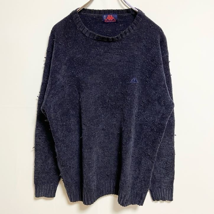 古着 used ROBE DI KAPPA カッパ 長袖クルーネックニット トレーナー ワンポイントロゴ刺繍 ネイビー XLサイズ拍卖