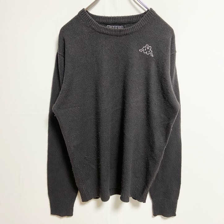 古着 used Kappa カッパ 長袖ワンポイントロゴ刺繍ニット セーター ノームコア シンプル ダークグレー Lサイズ拍卖