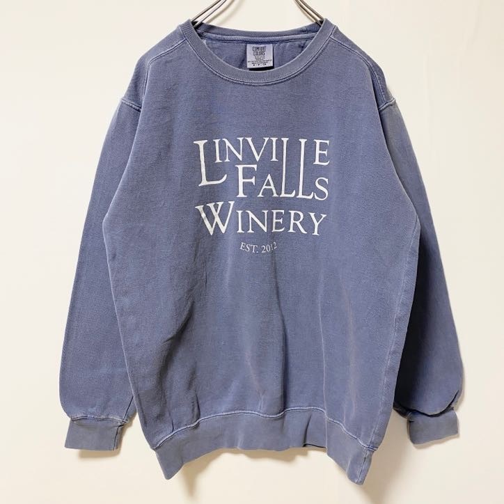 古着 used COMFORT COLORS 長袖ロゴプリントクルーネックスウェット トレーナー レトロデザイン 青 Sサイズ拍卖