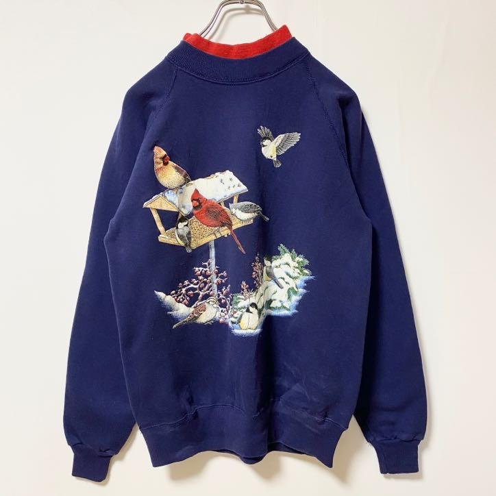 古着 used Cracker Barrel 長袖ダサかわプリントスウェット トレーナー レトロデザイン ネイビー Mサイズ拍卖