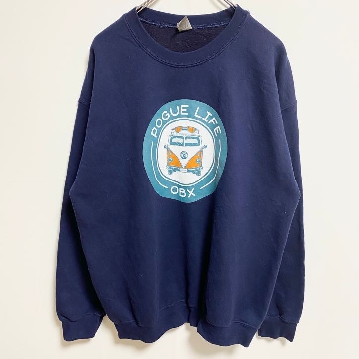 古着 used GILDAN ギルダン 長袖プリントスウェット トレーナー クルーネック バス ネイビー レトロ Lサイズ拍卖