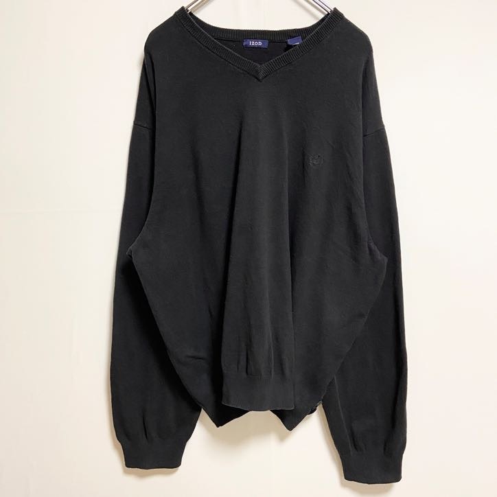 古着 used IZOD アイゾッド 長袖Vネック薄手ニット セーター ワンポイント刺繍 黒 ビッグシルエット 2XLサイズ拍卖