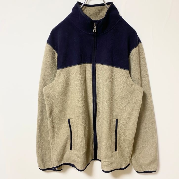 古着 used Croft&Barrow 長袖ハイネックフリースジャケット バイカラー ネイビー ベージュ レトロ Mサイズ拍卖