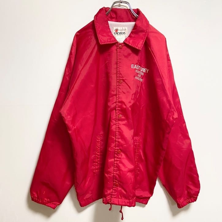 古着 used CANADA 長袖刺繍ナイロンジャケット コーチジャケット ブラックバス 魚 赤 ビッグシルエット XLサイズ拍卖