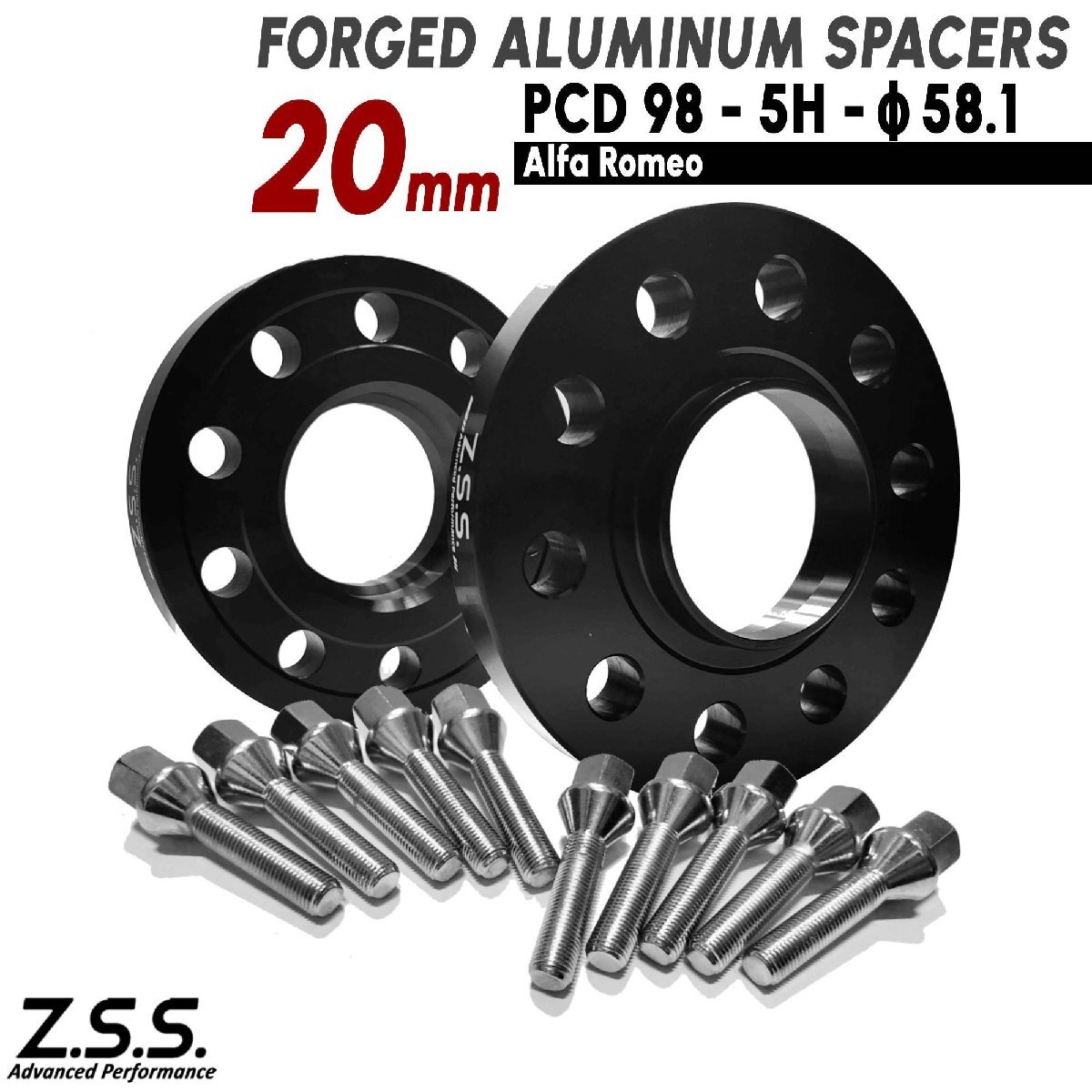 Z.S.S. AP アルファロメオ ALFA ROMEO GT 147 4C 厚み20mm PCD98 5穴 5x98 ハブ径58.1φ スペーサー M12xP1.25 ボルト付き ワイトレ ZSS拍卖