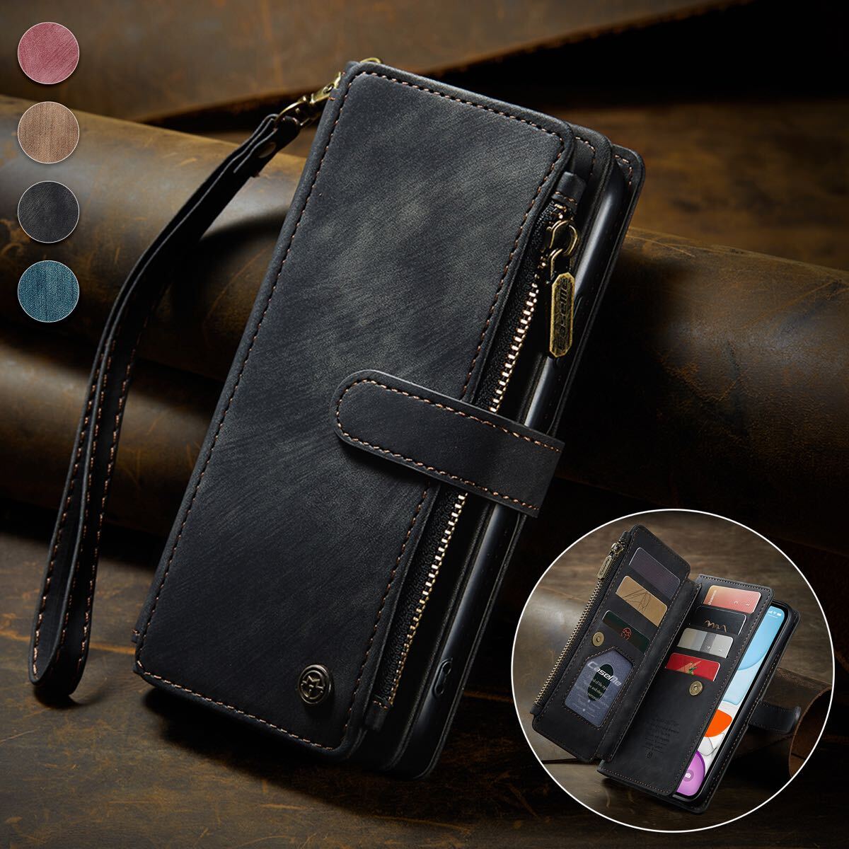 iPhone11 レザーケース iPhone 11 カバー アイフォン11 ケース 6.1 インチ 手帳型 カード収納 お財布付き ストラップ付き ブラック拍卖