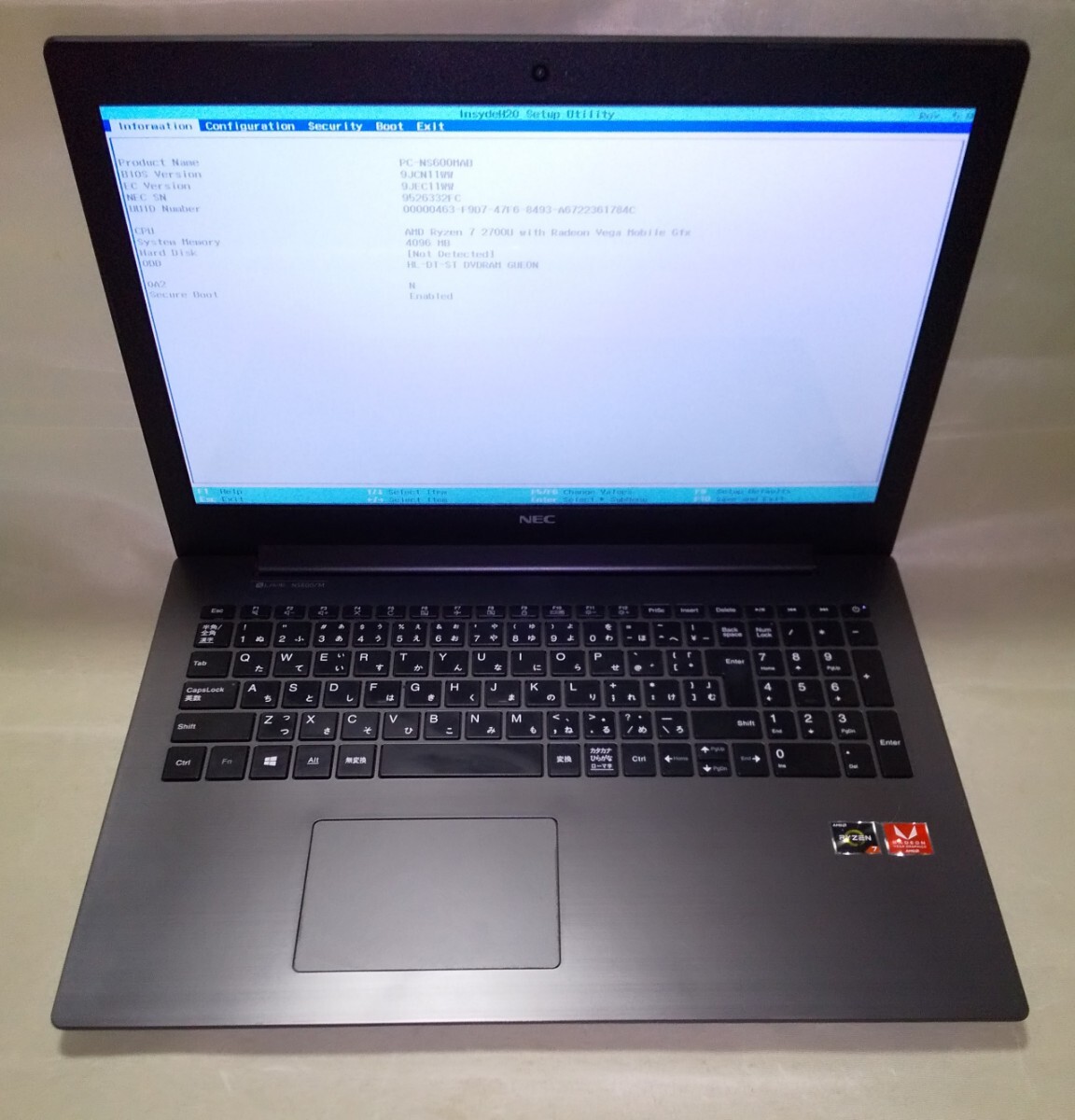 【Bios OK】 NEC LAVIE NS600/M Ryzen 7 2700U/4GB ①拍卖