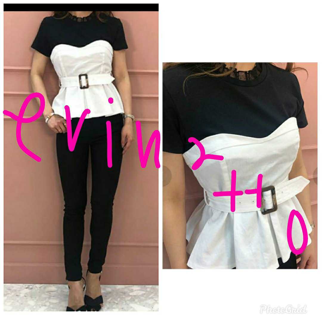 新品☆タグ付き☆エイミーイストワール ベルト 首元 フリル カットソー トップス 半袖 Tシャツ F 黒白拍卖