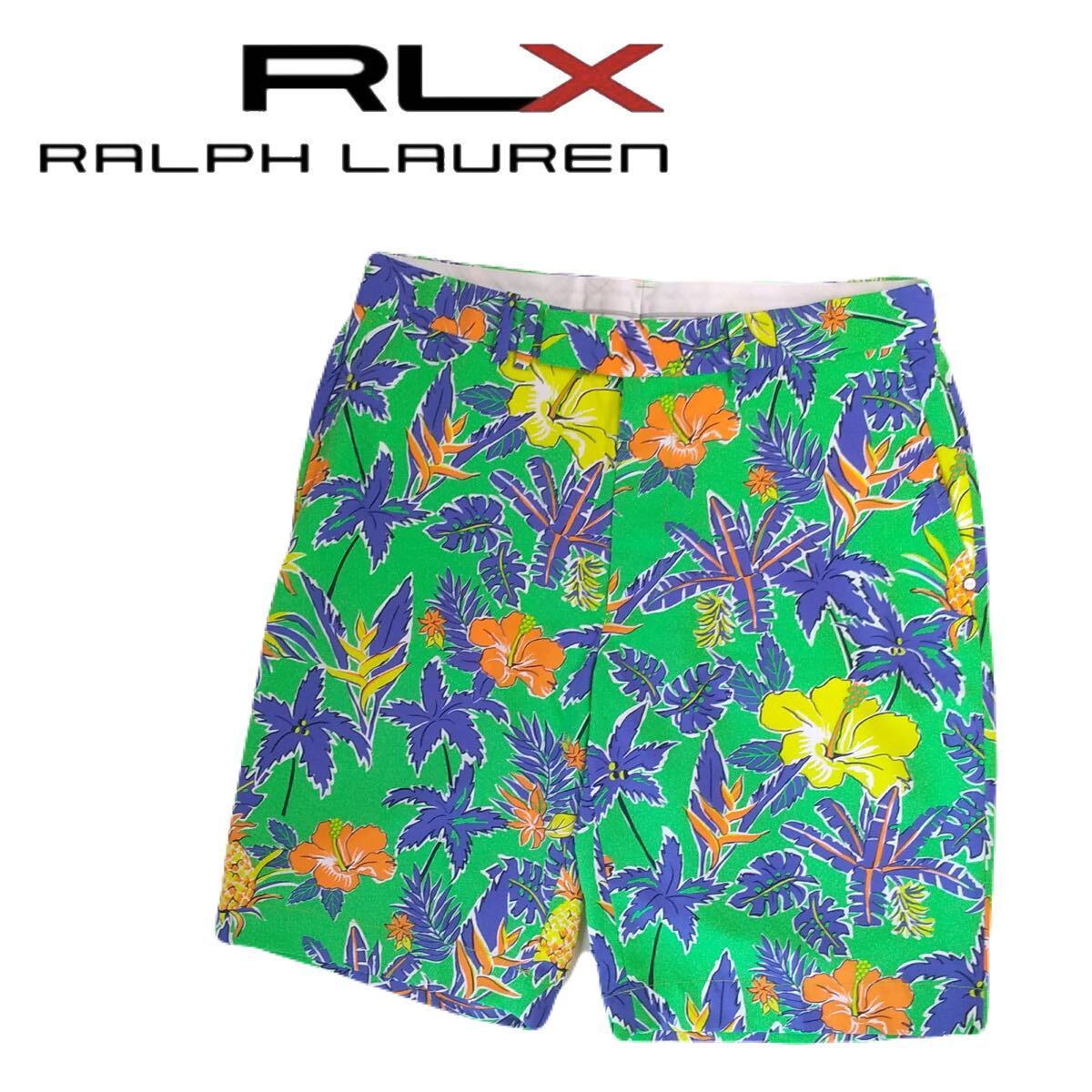 新品同様 最高級 RLX RALPH LAUREN 爽快 ストレッチ ハワイアン 総柄 ハーフパンツ ゴルフパンツ W32 ラルフローレン ゴルフウェア 250821拍卖