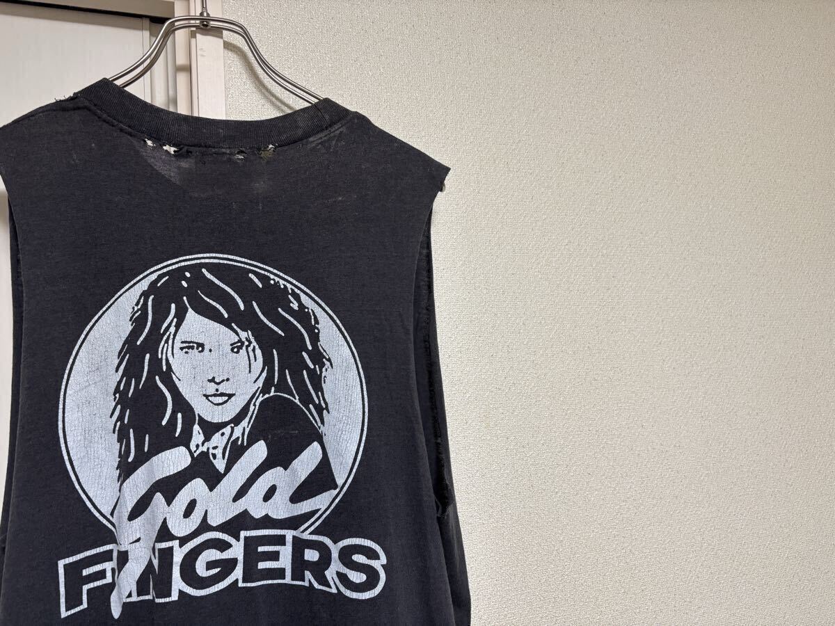 80sヴィンテージMADE IN USAアメリカ製SHIRT-TEXロックTダメージクラッシュブラックsizeXLビッグサイズgold FINGERゴールドフィンガー拍卖