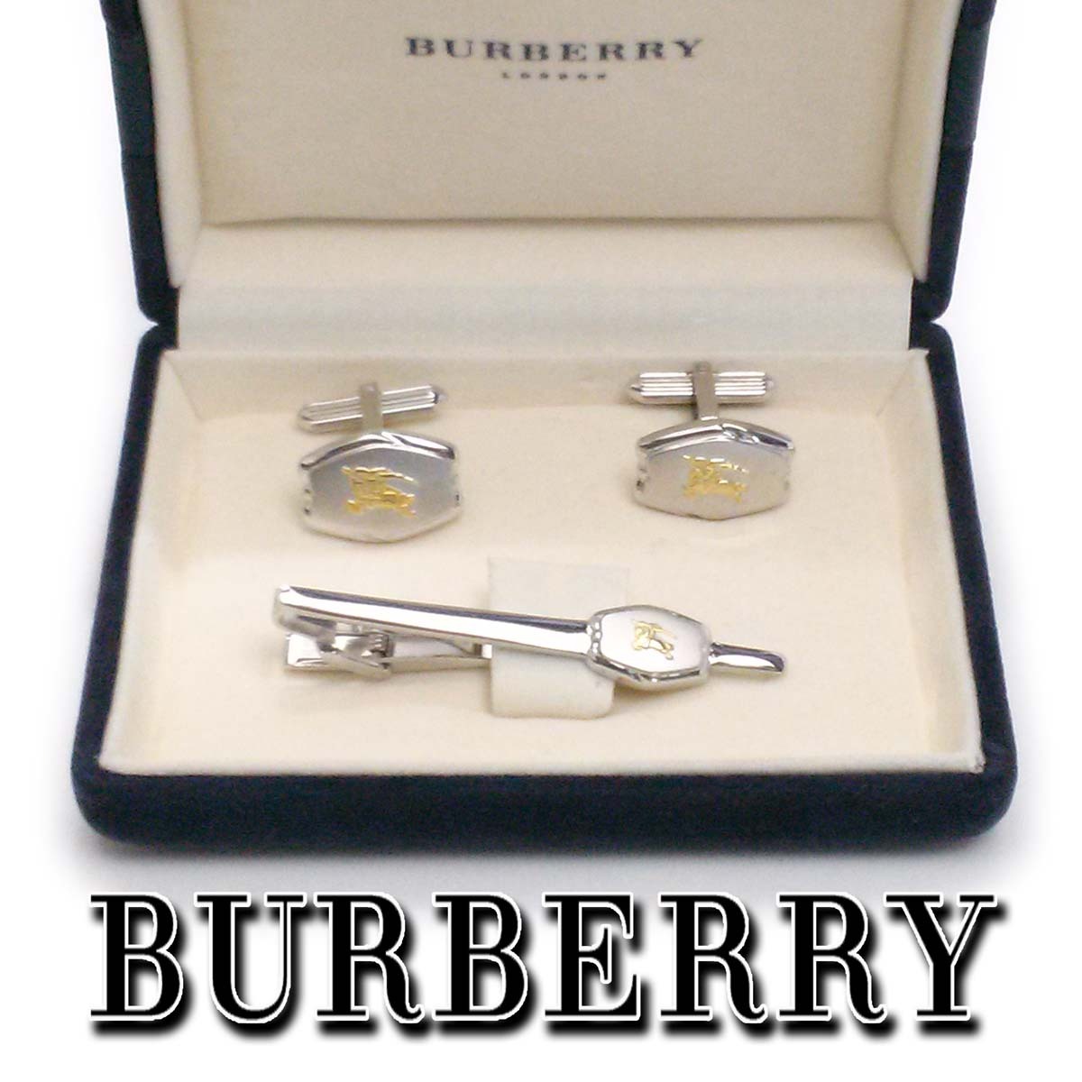 【美品】バーバリー タイピン カフス セット シルバー金具 ゴールドエンブレム メンズ マネークリップとしても 箱付き ap9642【一撃即決】拍卖