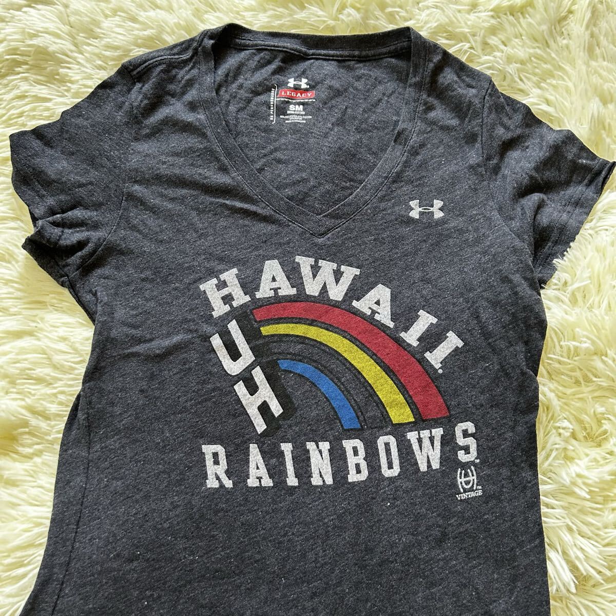 UH UNIVERSITY OF HAWAII ハワイ大学 レインボー ビッグ ロゴ トップス 半袖 カレッジ Tシャツ 送料無料 Vネック アンダーアーマー拍卖