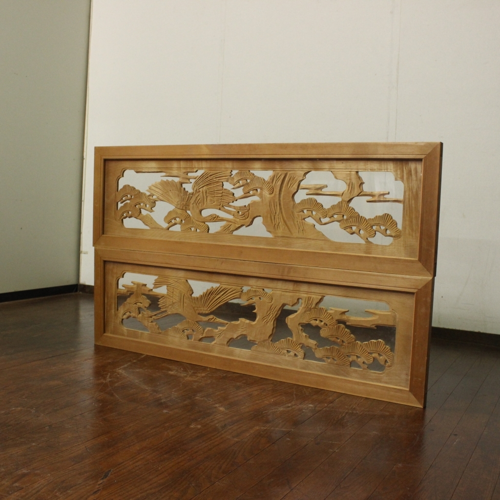 新入荷!レトロ!古い両面ガラス入りの彫刻欄間 2枚!鶴と松 古建具/和モダン昭和日本家屋和風リノベーション旧家壁飾り古民家町屋和室建材拍卖