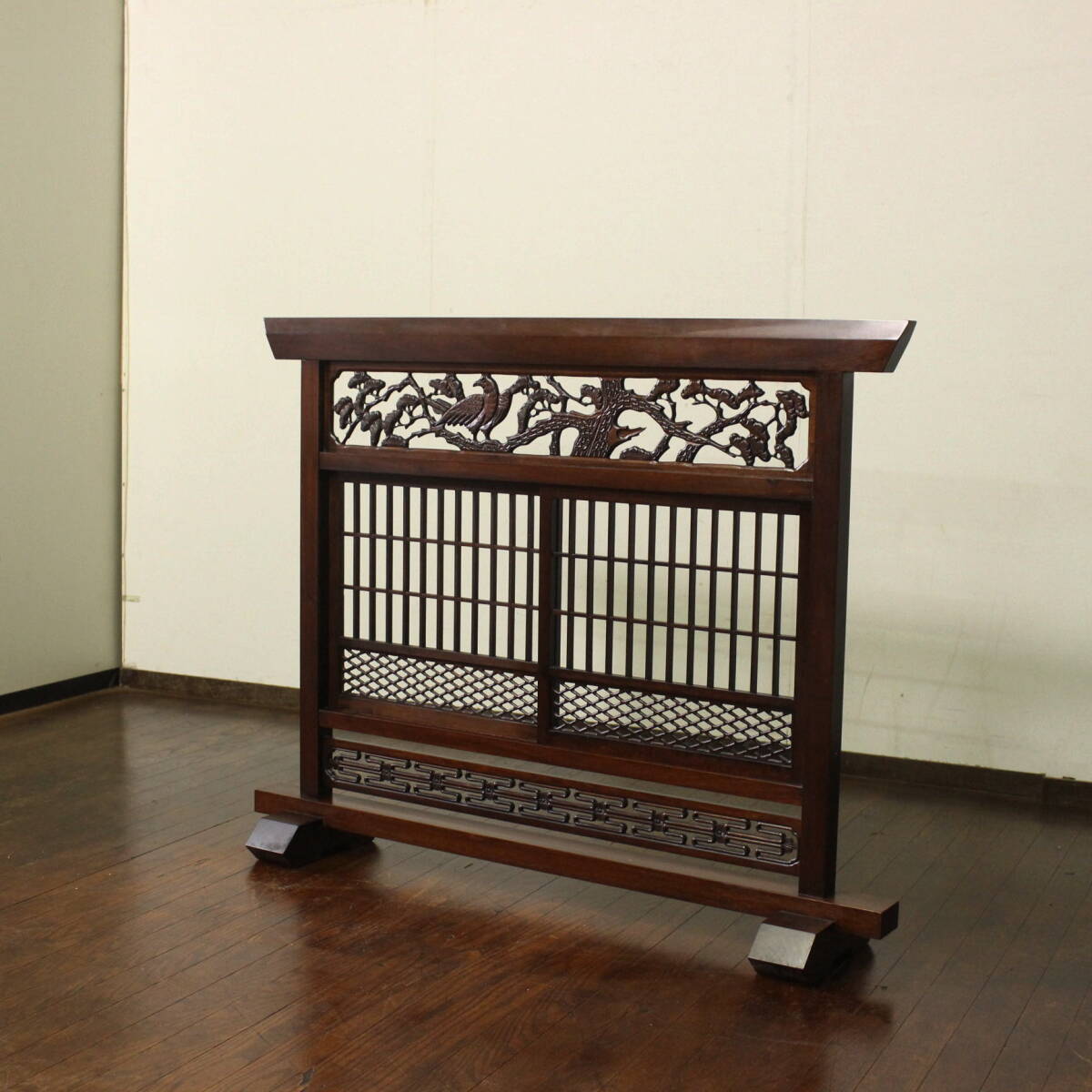 花梨!自立式衝立!パーテーション 間仕切り 縦格子 和家具 店舗什器 和風 座敷 民藝 唐木 透かし飾り 欄間 和家具拍卖
