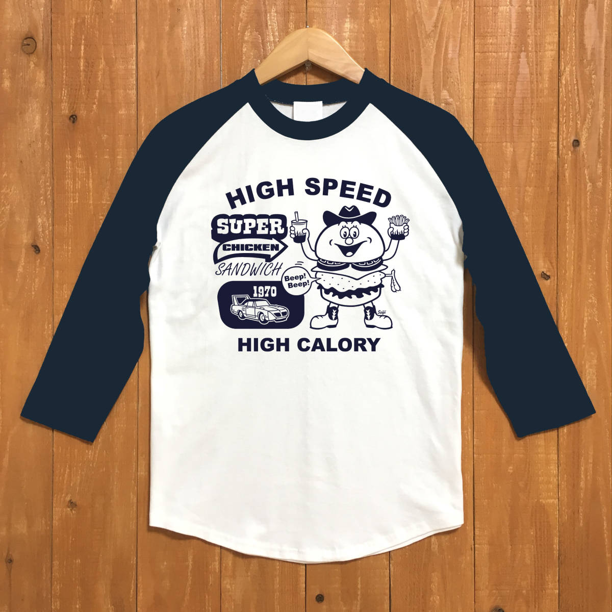 ■ SUPER CHICKEN ベースボ-ルTシャツ■XLサイズ(ネイビー袖xネイビー) アメ車 ハンバーガー モパ- MOPAR ROADRUNNER HAMBURGER拍卖