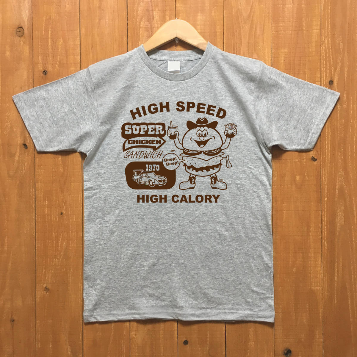 ■ SUPER CHICKEN Tシャツ■XLサイズ(グレーxブラウン)アメリカ アメ車 モパ- ハンバーガー MOPAR ROADRUNNER HAMBURGER拍卖