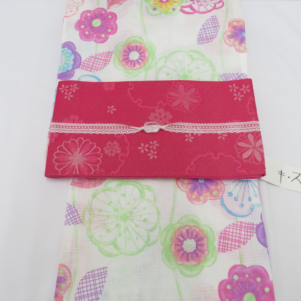 浴衣 女性ゆかた 浴衣帯 ビジュー付レース飾り紐 3点セット 白×ピンク×紫×緑×水色 花 葉 ポリ半巾帯 半幅帯 夏物 キスミス 身丈165cm拍卖