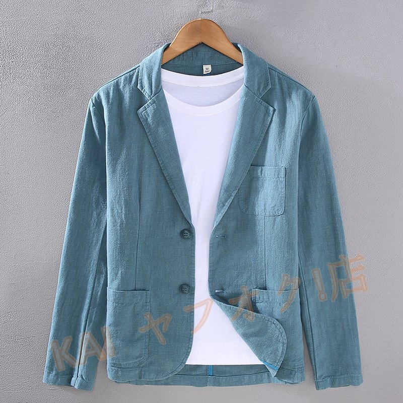 新品夏 テーラードジャケット メンズ 綿麻麻スーツ背広 ビジネス リネンジャケット薄手通気性清涼感日焼け止め紳士服マラカイトブルーです拍卖