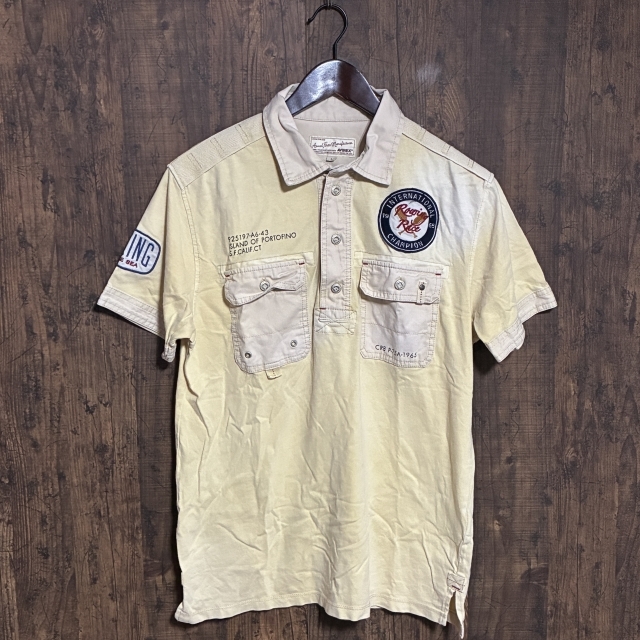 C13◇AVIREX | アヴィレックス ミリタリーワッペン ポロシャツ ライトイエロー×ベージュ メンズ Lサイズ 中古品拍卖