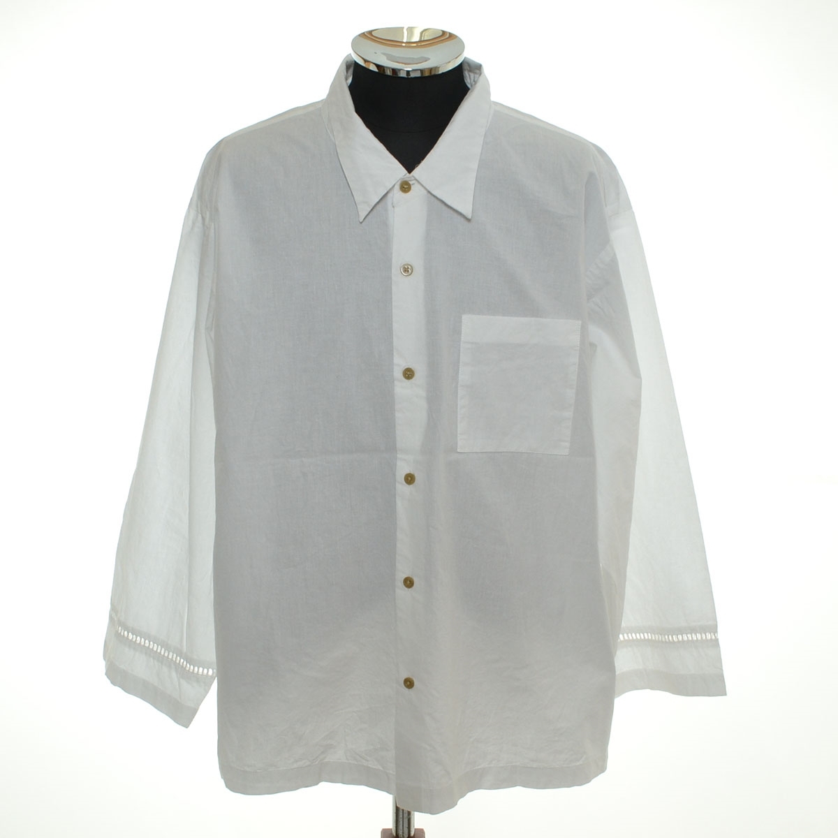 ●552471 BEAMS LIGHTS ビームス ●長袖 インドレース ドロップネックシャツ 51-11-0643-012-01-20 サイズL メンズ インド製 ホワイト拍卖