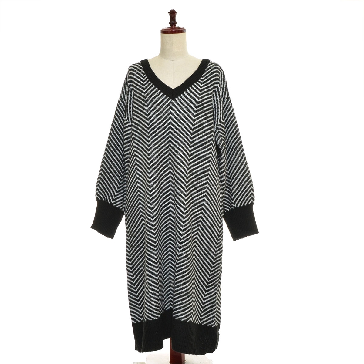 ■550236 LAKOLE ラコレ アダストリア ●ミディワンピース ヘリンボーン柄ニットワンピース サイズM 22aw レディース ブラック拍卖